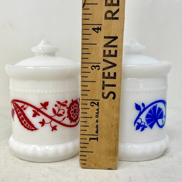 [2] Vintage Hazel Atlas Milk Glass Mustard Spice Jar Red & Blue Sweet Pea Floral - Picture 5 of 5